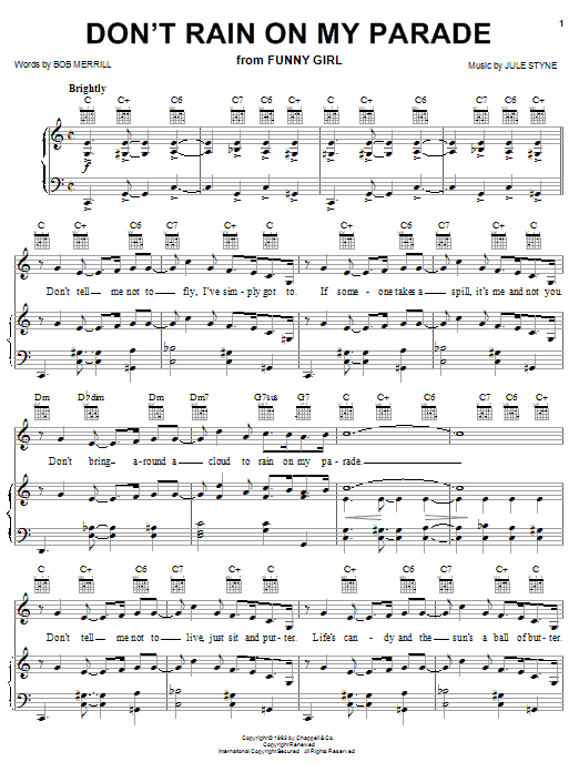 Preview Barbra Streisand Don't Rain On My Parade Broadway sheet music, notes and chords for Piano, Vocal & Guitar (Right-Hand Melody), SKU: 18101 sheet music, piano notes, chords, guitar tabs, score, transpose, transcribe, how to play, guide, download, learn, tutorial, progression, song, artist, awards, billboard, mtv, vh1, tour, single, album, release