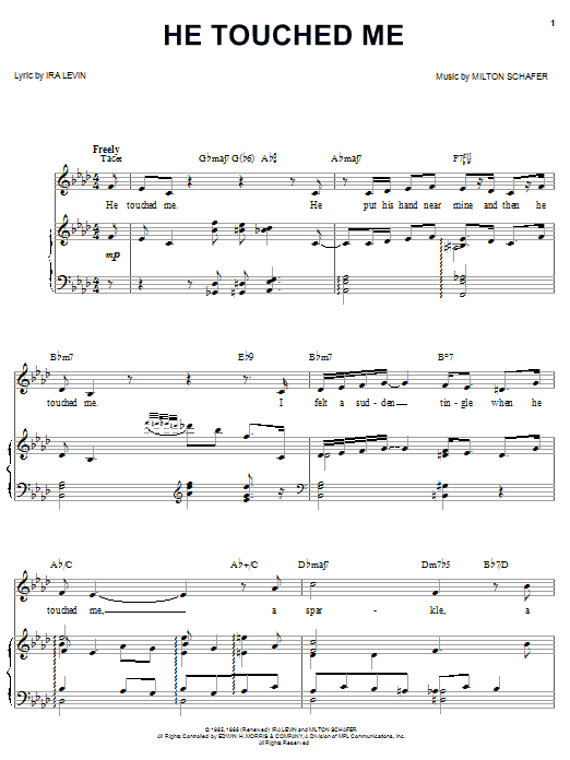 Preview Barbra Streisand He Touched Me Pop sheet music, notes and chords for Piano, Vocal & Guitar (Right-Hand Melody), SKU: 52086 sheet music, piano notes, chords, guitar tabs, score, transpose, transcribe, how to play, guide, download, learn, tutorial, progression, song, artist, awards, billboard, mtv, vh1, tour, single, album, release