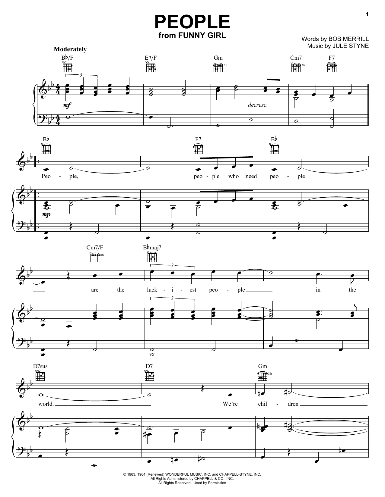 Download Barbra Streisand People sheet music and printable PDF score & Pop music notes