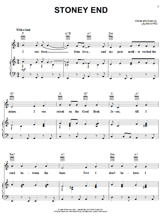 Preview Barbra Streisand Stoney End Pop sheet music, notes and chords for Piano, Vocal & Guitar (Right-Hand Melody), SKU: 18326 sheet music, piano notes, chords, guitar tabs, score, transpose, transcribe, how to play, guide, download, learn, tutorial, progression, song, artist, awards, billboard, mtv, vh1, tour, single, album, release
