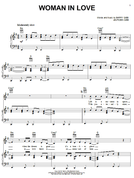 Preview Barbra Streisand Woman In Love Pop sheet music, notes and chords for Piano, Vocal & Guitar, SKU: 31865 Download Barbra Streisand Woman In Love sheet music and printable PDF score & Pop music notes