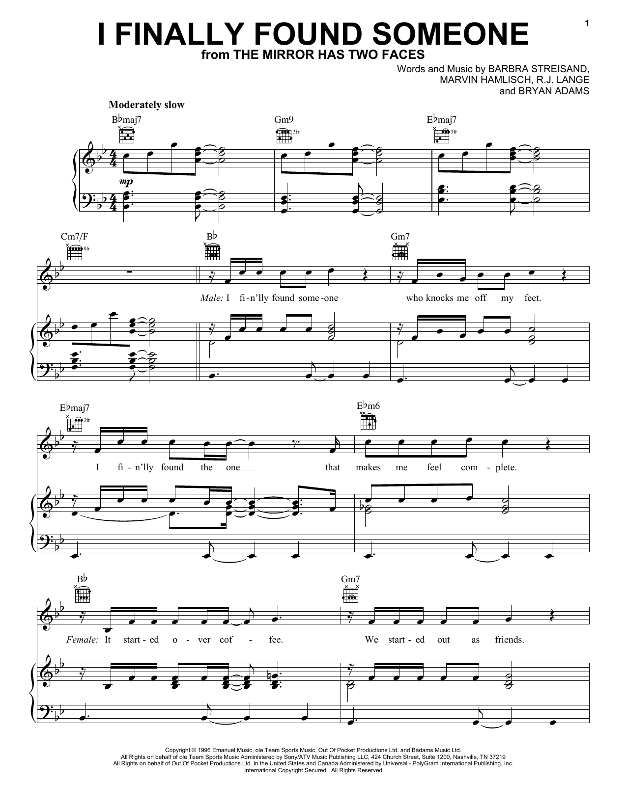 Preview Barbra Streisand and Bryan Adams I Finally Found Someone Film and TV sheet music, notes and chords for Piano, Vocal & Guitar (Right-Hand Melody), SKU: 18061 sheet music, piano notes, chords, guitar tabs, score, transpose, transcribe, how to play, guide, download, learn, tutorial, progression, song, artist, awards, billboard, mtv, vh1, tour, single, album, release