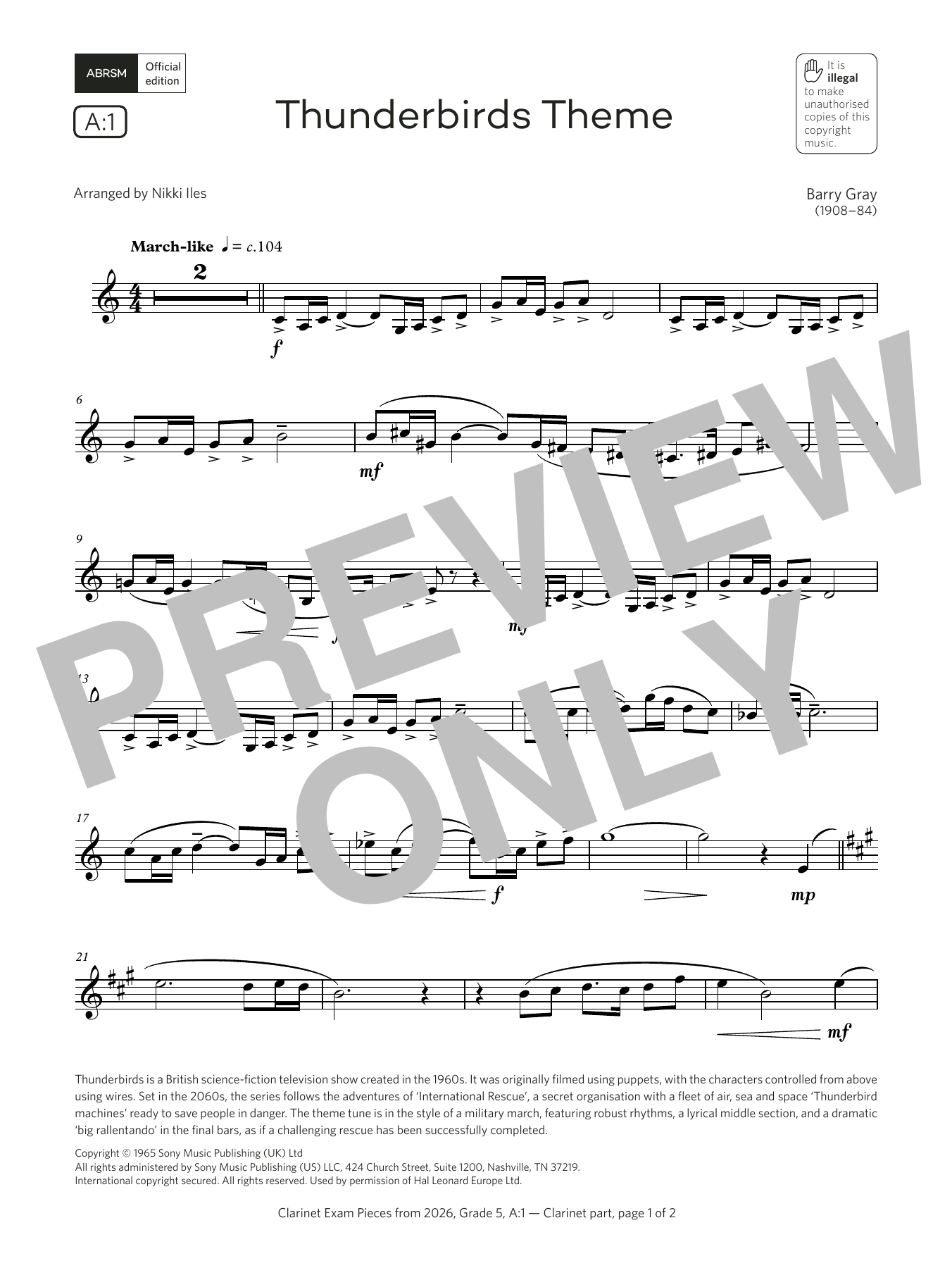 Barry Gray Thunderbirds Theme (Grade 5, list A1, from the ABRSM Clarinet Syllabus from 2026) Sheet Music & Chords for Clarinet Solo - Download or Print PDF