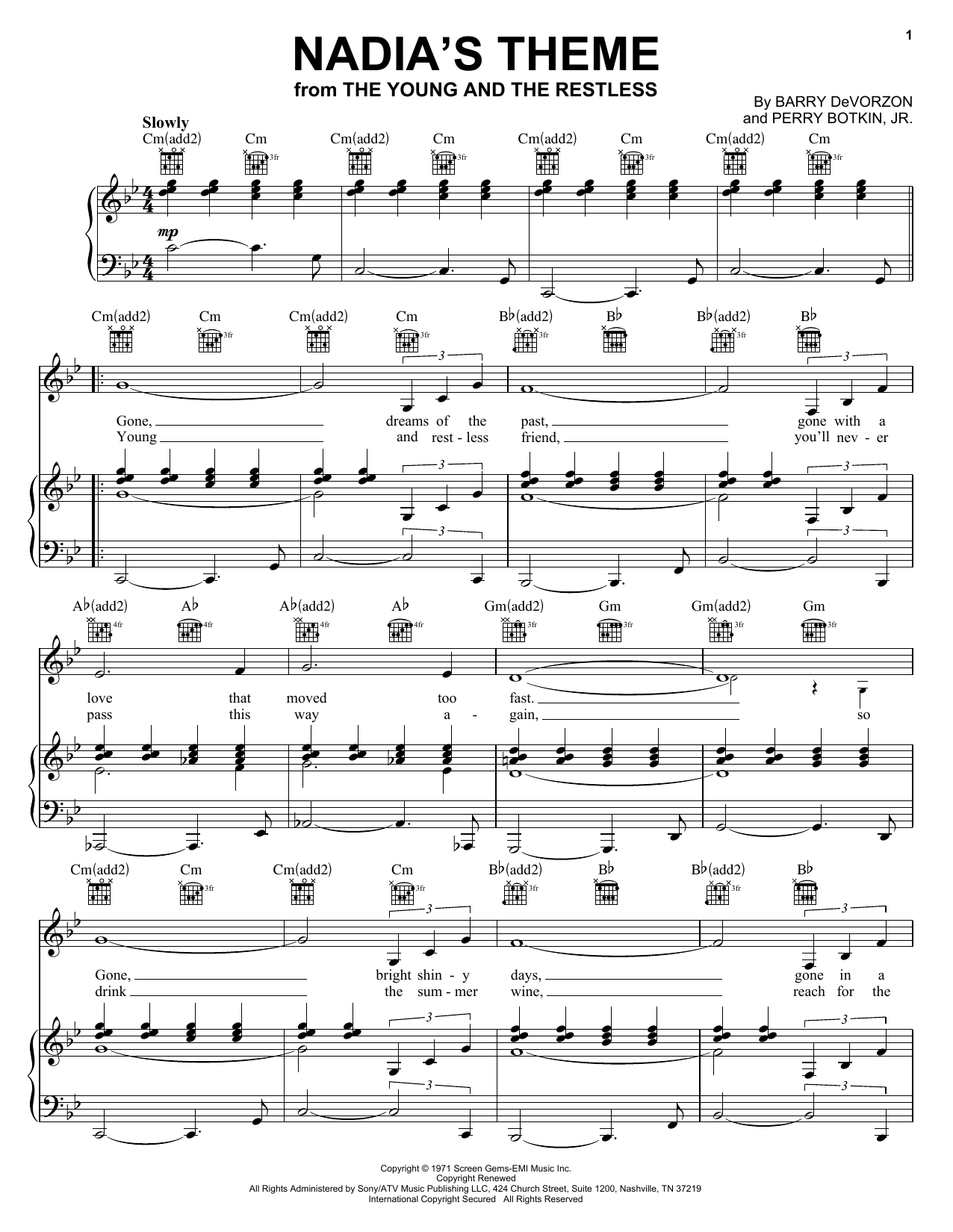 Preview Barry DeVorzon & Perry Botkin Jr. Nadia's Theme Film and TV sheet music, notes and chords for Easy Piano, SKU: 76345 Download Barry DeVorzon & Perry Botkin Jr. Nadia's Theme sheet music and printable PDF score & Film and TV music notes
