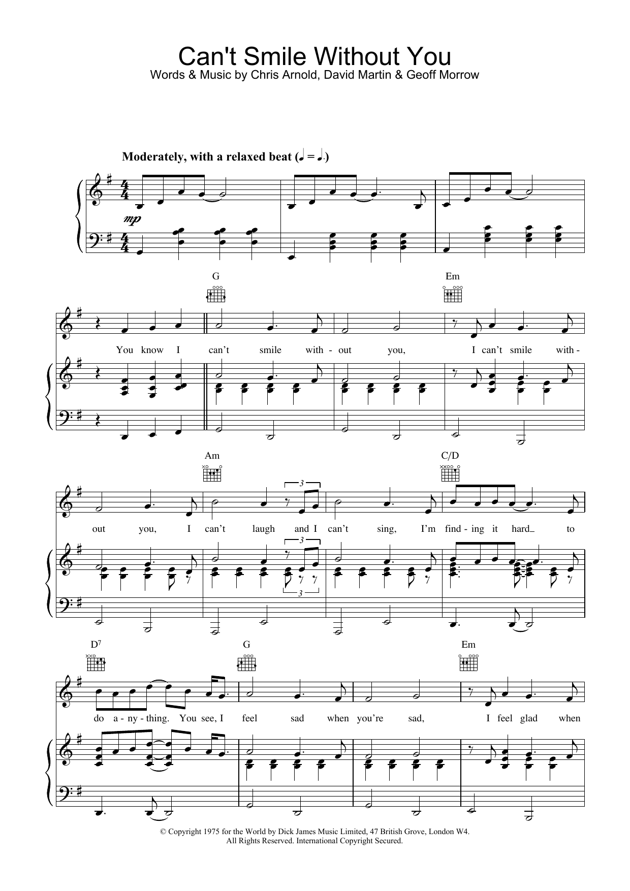 Download Barry Manilow Can't Smile Without You sheet music and printable PDF score & Pop music notes