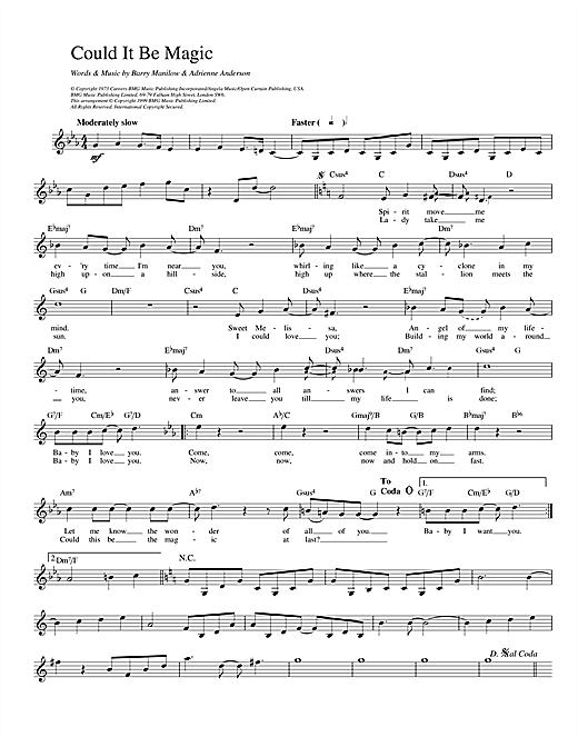 Preview Barry Manilow Could It Be Magic Pop sheet music, notes and chords for Piano, Vocal & Guitar (Right-Hand Melody), SKU: 17957 sheet music, piano notes, chords, guitar tabs, score, transpose, transcribe, how to play, guide, download, learn, tutorial, progression, song, artist, awards, billboard, mtv, vh1, tour, single, album, release