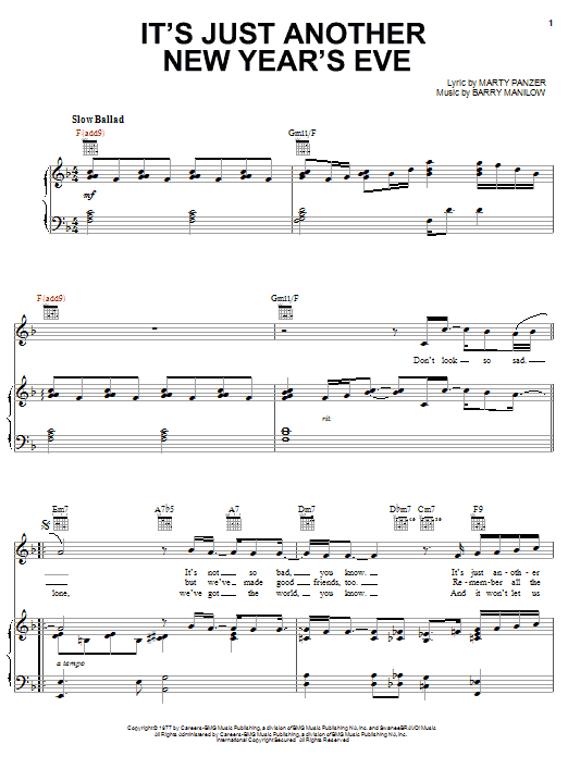 Preview Barry Manilow It's Just Another New Year's Eve Pop sheet music, notes and chords for Piano, Vocal & Guitar (Right-Hand Melody), SKU: 28893 Download Barry Manilow It's Just Another New Year's Eve sheet music and printable PDF score & Pop music notes