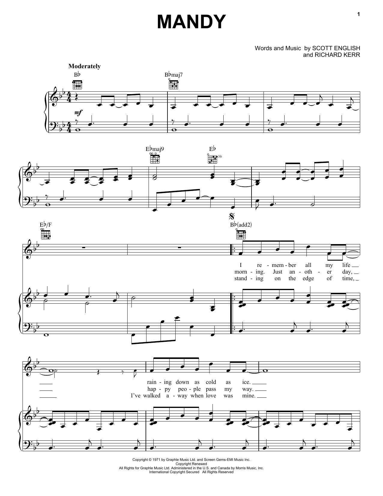 Download Barry Manilow Mandy sheet music and printable PDF score & Rock music notes