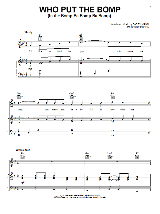 Preview Barry Mann Who Put The Bomp (In The Bomp Ba Bomp Ba Bomp) Classics sheet music, notes and chords for Piano, Vocal & Guitar (Right-Hand Melody), SKU: 18345 sheet music, piano notes, chords, guitar tabs, score, transpose, transcribe, how to play, guide, download, learn, tutorial, progression, song, artist, awards, billboard, mtv, vh1, tour, single, album, release