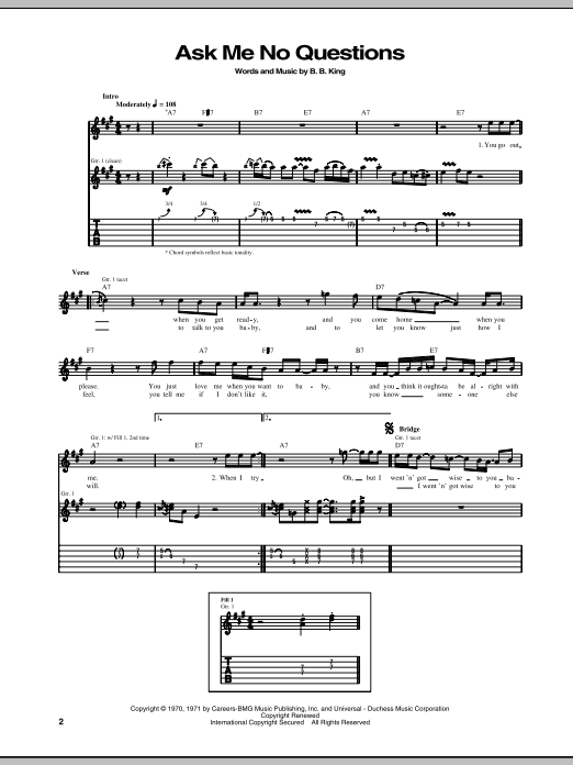 B.B. King Ask Me No Questions Sheet Music & Chords for Piano, Vocal & Guitar (Right-Hand Melody) - Download or Print PDF