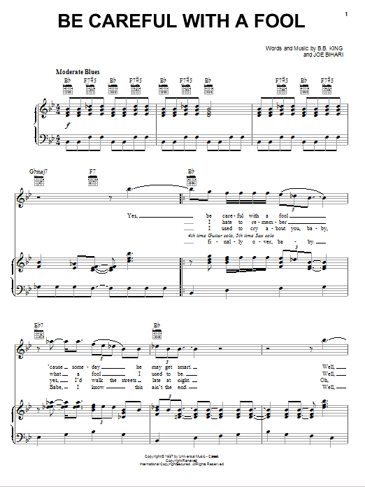B.B. King Be Careful With A Fool Sheet Music & Chords for Piano, Vocal & Guitar (Right-Hand Melody) - Download or Print PDF