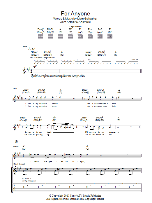 Download Beady Eye For Anyone sheet music and printable PDF score & Rock music notes