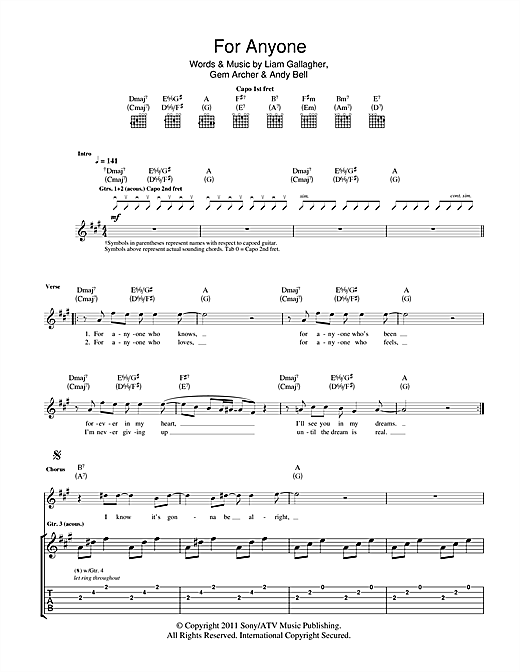 Preview Beady Eye For Anyone Rock sheet music, notes and chords for Guitar Tab, SKU: 108095 sheet music, piano notes, chords, guitar tabs, score, transpose, transcribe, how to play, guide, download, learn, tutorial, progression, song, artist, awards, billboard, mtv, vh1, tour, single, album, release