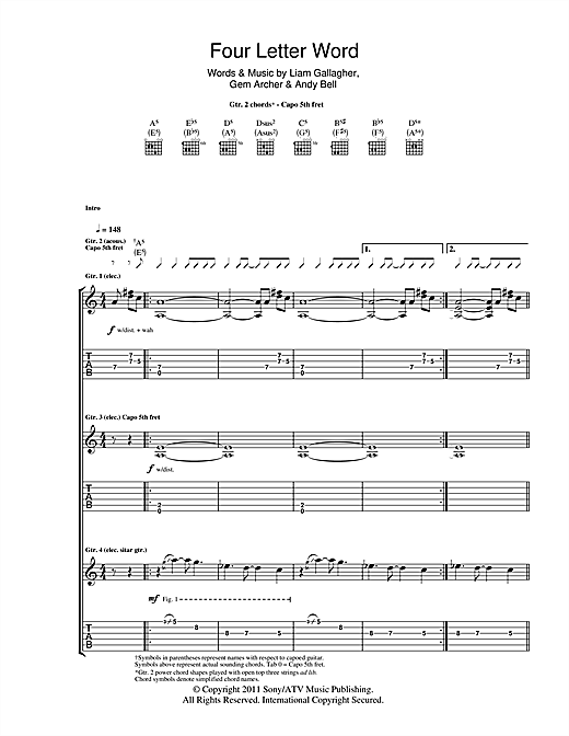 Preview Beady Eye Four Letter Word Rock sheet music, notes and chords for Guitar Tab, SKU: 108094 sheet music, piano notes, chords, guitar tabs, score, transpose, transcribe, how to play, guide, download, learn, tutorial, progression, song, artist, awards, billboard, mtv, vh1, tour, single, album, release