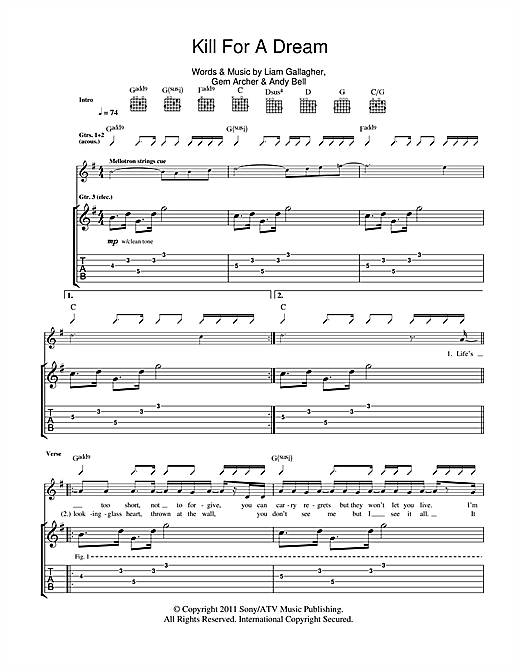 Preview Beady Eye Kill For A Dream Rock sheet music, notes and chords for Guitar Tab, SKU: 108093 sheet music, piano notes, chords, guitar tabs, score, transpose, transcribe, how to play, guide, download, learn, tutorial, progression, song, artist, awards, billboard, mtv, vh1, tour, single, album, release