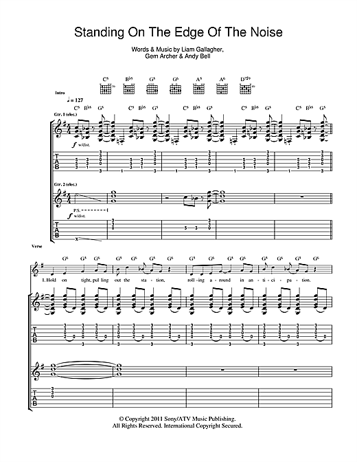 Preview Beady Eye Standing On The Edge Of The Noise Rock sheet music, notes and chords for Guitar Tab, SKU: 108091 sheet music, piano notes, chords, guitar tabs, score, transpose, transcribe, how to play, guide, download, learn, tutorial, progression, song, artist, awards, billboard, mtv, vh1, tour, single, album, release