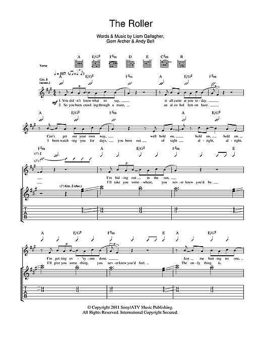 Preview Beady Eye The Roller Rock sheet music, notes and chords for Guitar Tab, SKU: 108058 sheet music, piano notes, chords, guitar tabs, score, transpose, transcribe, how to play, guide, download, learn, tutorial, progression, song, artist, awards, billboard, mtv, vh1, tour, single, album, release