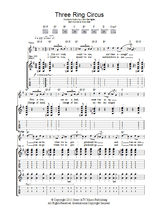 Download Beady Eye Three Ring Circus sheet music and printable PDF score & Rock music notes