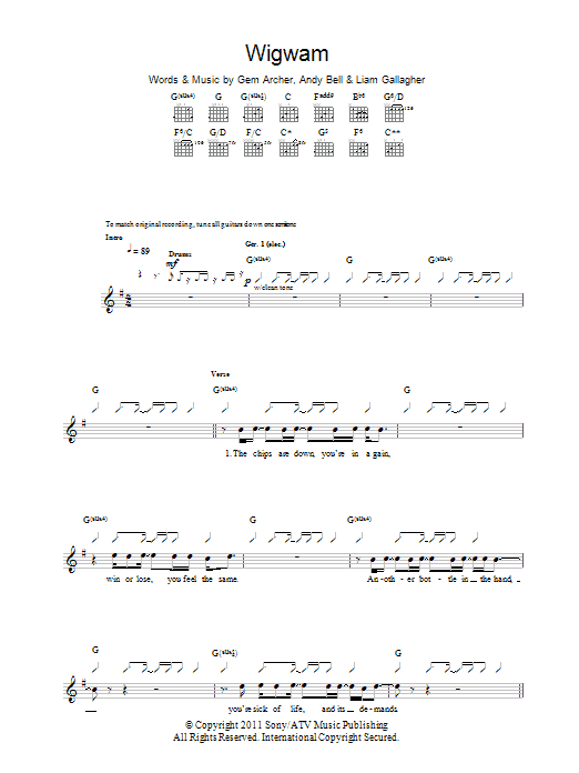 Download Beady Eye Wigwam sheet music and printable PDF score & Rock music notes