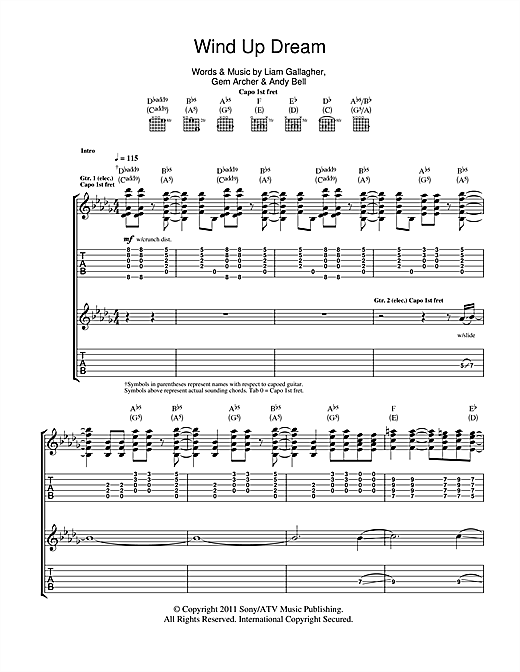 Preview Beady Eye Wind Up Dream Rock sheet music, notes and chords for Guitar Tab, SKU: 108051 sheet music, piano notes, chords, guitar tabs, score, transpose, transcribe, how to play, guide, download, learn, tutorial, progression, song, artist, awards, billboard, mtv, vh1, tour, single, album, release