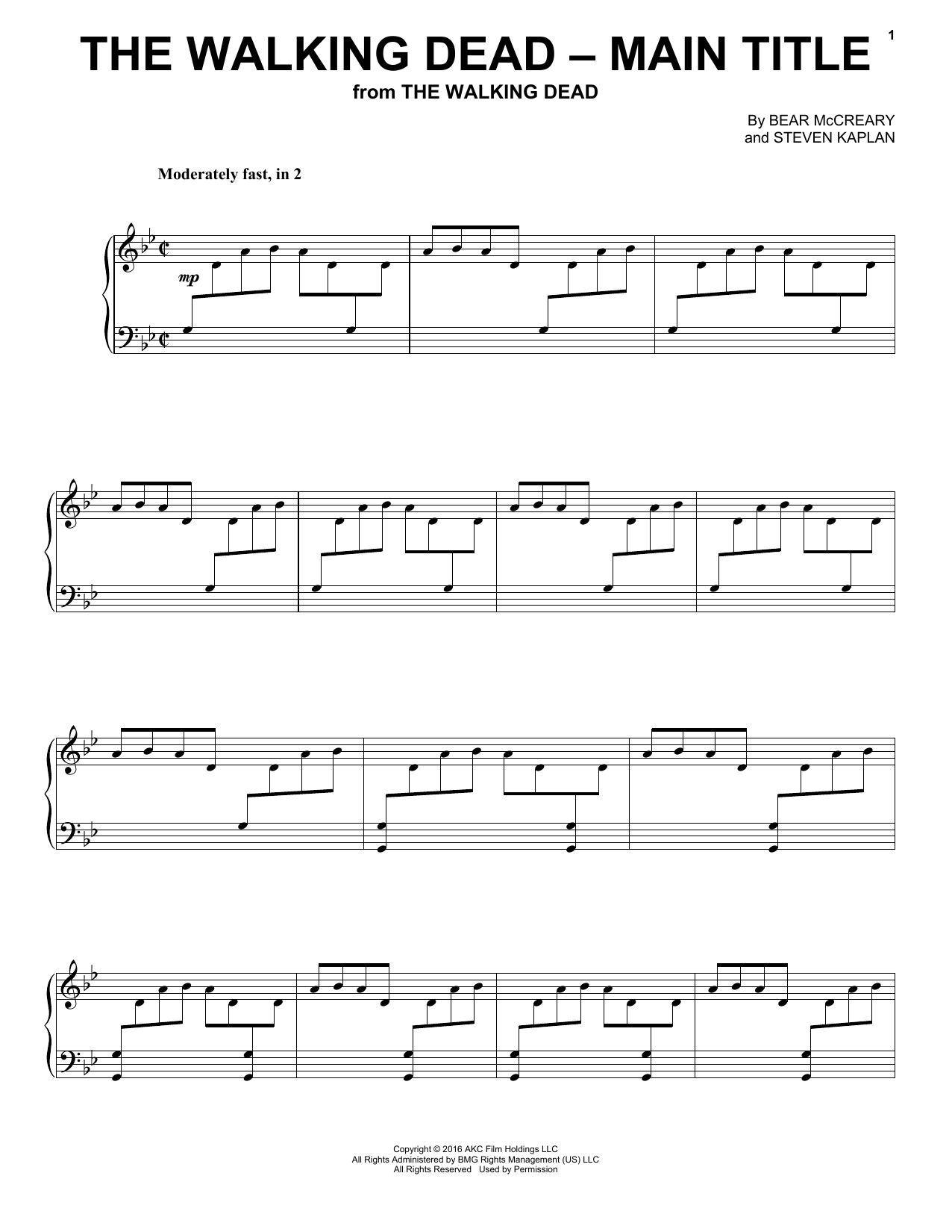 Preview Bear McCreary The Walking Dead - Main Title Film and TV sheet music, notes and chords for Piano, SKU: 178888 sheet music, piano notes, chords, guitar tabs, score, transpose, transcribe, how to play, guide, download, learn, tutorial, progression, song, artist, awards, billboard, mtv, vh1, tour, single, album, release
