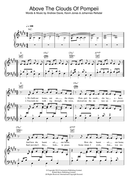 Preview Bear's Den Above The Clouds Of Pompeii Folk sheet music, notes and chords for Piano, Vocal & Guitar (Right-Hand Melody), SKU: 121171 sheet music, piano notes, chords, guitar tabs, score, transpose, transcribe, how to play, guide, download, learn, tutorial, progression, song, artist, awards, billboard, mtv, vh1, tour, single, album, release