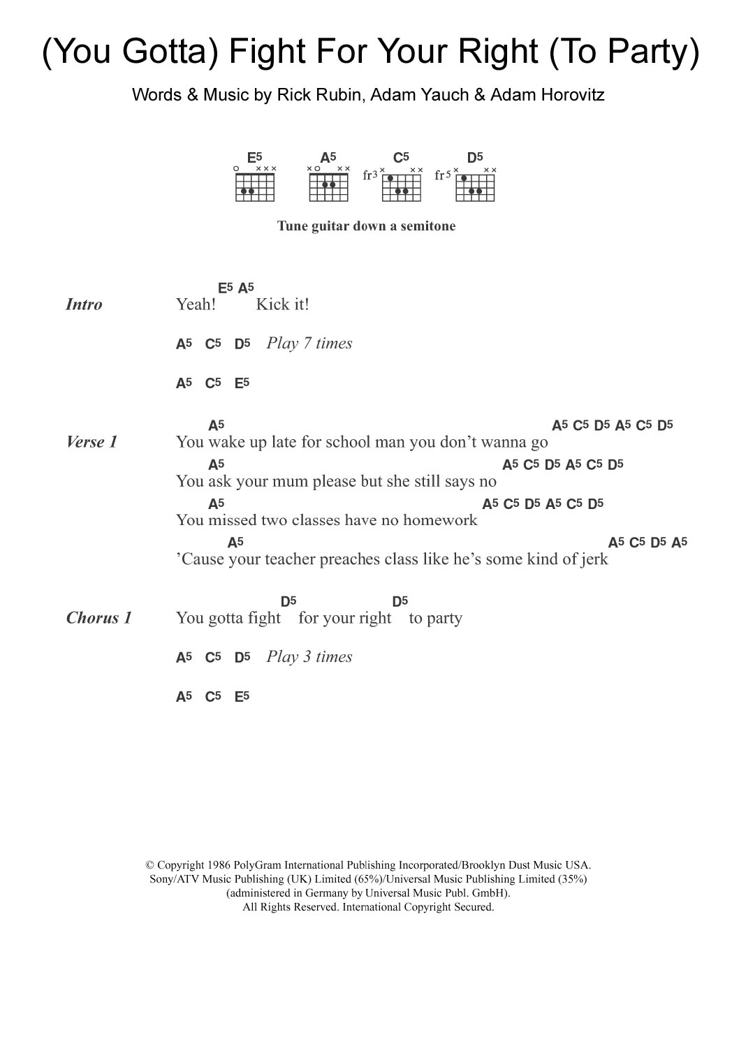 Download Beastie Boys (You Gotta) Fight For Your Right (To Party) sheet music and printable PDF score & Rock music notes