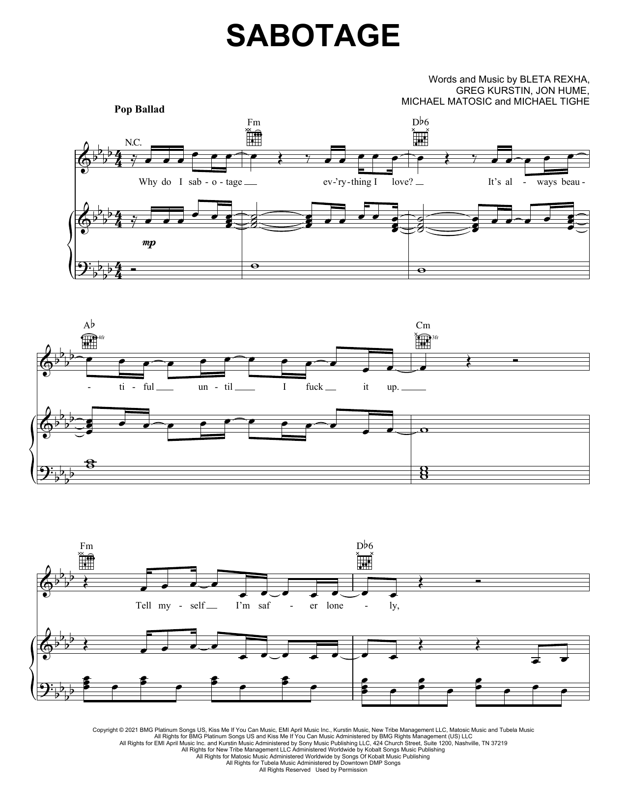 Bebe Rexha Sabotage Sheet Music & Chords for Piano, Vocal & Guitar (Right-Hand Melody) - Download or Print PDF