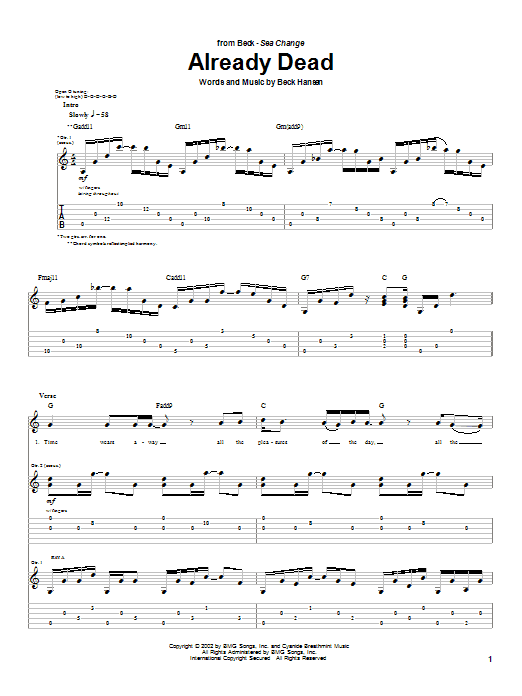 Preview Beck Already Dead Rock sheet music, notes and chords for Guitar Tab, SKU: 25380 Download Beck Already Dead sheet music and printable PDF score & Rock music notes