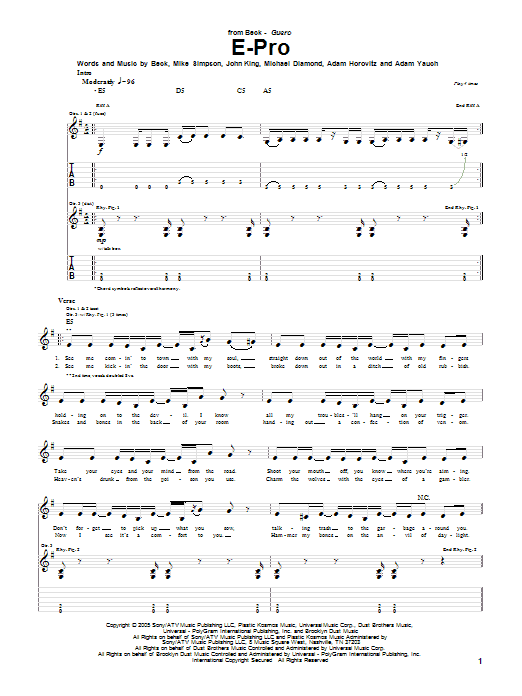Preview Beck E-Pro Pop sheet music, notes and chords for Guitar Tab, SKU: 51820 Download Beck E-Pro sheet music and printable PDF score & Pop music notes