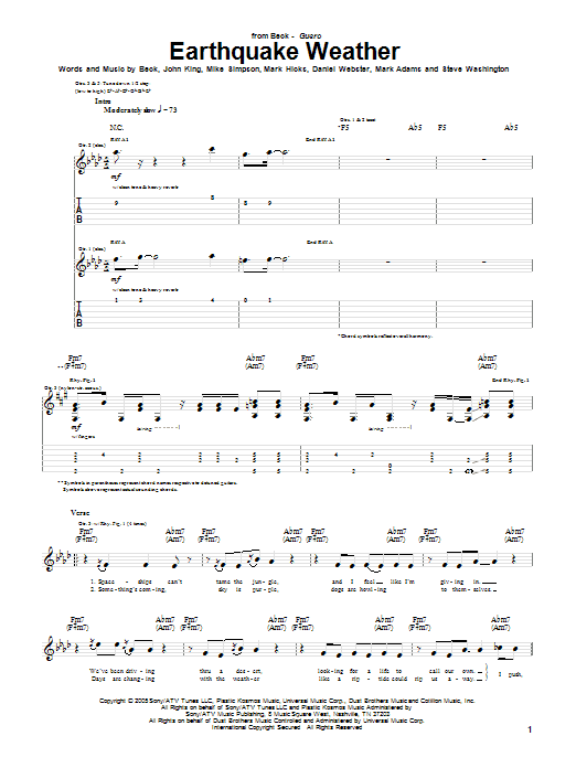 Preview Beck Earthquake Weather Rock sheet music, notes and chords for Guitar Tab, SKU: 51831 Download Beck Earthquake Weather sheet music and printable PDF score & Rock music notes