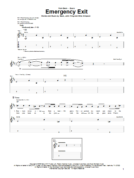 Preview Beck Emergency Exit Rock sheet music, notes and chords for Guitar Tab, SKU: 51802 Download Beck Emergency Exit sheet music and printable PDF score & Rock music notes