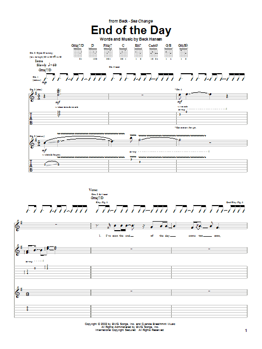 Preview Beck End Of The Day Rock sheet music, notes and chords for Guitar Tab, SKU: 25381 Download Beck End Of The Day sheet music and printable PDF score & Rock music notes