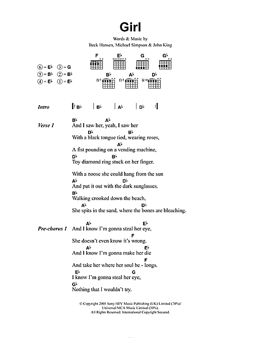 Preview Beck Girl Rock sheet music, notes and chords for Guitar Tab, SKU: 51805 Download Beck Girl sheet music and printable PDF score & Rock music notes
