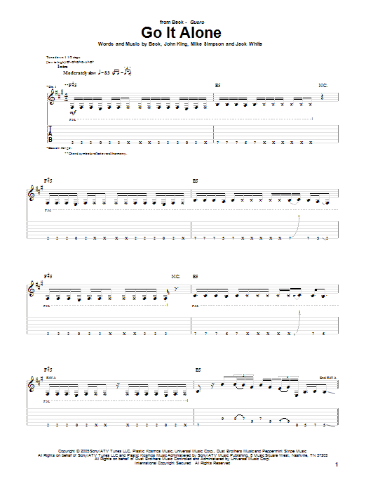 Preview Beck Go It Alone Rock sheet music, notes and chords for Guitar Tab, SKU: 51842 sheet music, piano notes, chords, guitar tabs, score, transpose, transcribe, how to play, guide, download, learn, tutorial, progression, song, artist, awards, billboard, mtv, vh1, tour, single, album, release