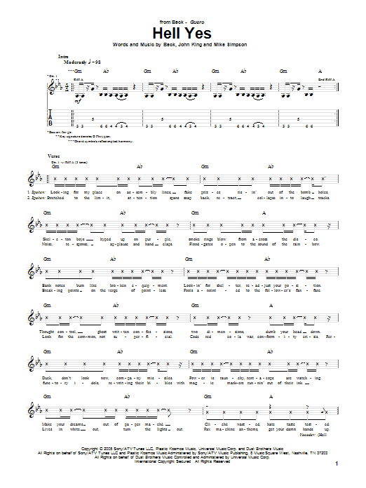 Preview Beck Hell Yes Rock sheet music, notes and chords for Guitar Tab, SKU: 51806 Download Beck Hell Yes sheet music and printable PDF score & Rock music notes