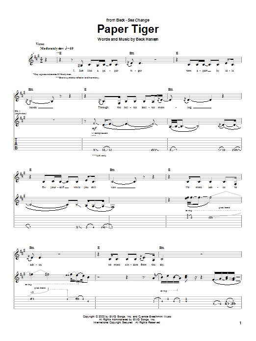 Preview Beck Paper Tiger Rock sheet music, notes and chords for Guitar Tab, SKU: 25387 Download Beck Paper Tiger sheet music and printable PDF score & Rock music notes