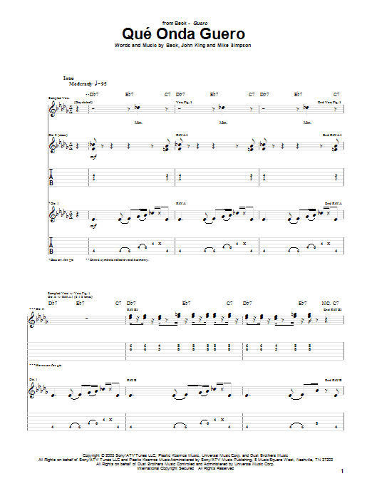 Preview Beck Que' Onda Guero Rock sheet music, notes and chords for Guitar Tab, SKU: 51807 sheet music, piano notes, chords, guitar tabs, score, transpose, transcribe, how to play, guide, download, learn, tutorial, progression, song, artist, awards, billboard, mtv, vh1, tour, single, album, release