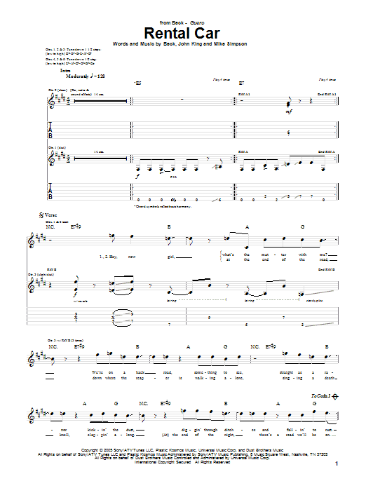 Preview Beck Rental Car Rock sheet music, notes and chords for Guitar Tab, SKU: 51803 sheet music, piano notes, chords, guitar tabs, score, transpose, transcribe, how to play, guide, download, learn, tutorial, progression, song, artist, awards, billboard, mtv, vh1, tour, single, album, release