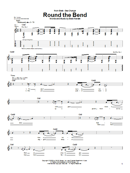 Preview Beck Round The Bend Rock sheet music, notes and chords for Guitar Tab, SKU: 25388 Download Beck Round The Bend sheet music and printable PDF score & Rock music notes