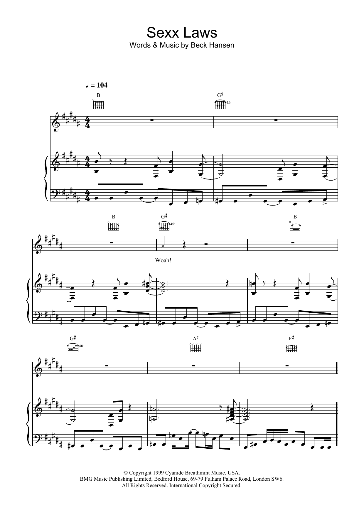 Preview Beck Sexx laws Rock sheet music, notes and chords for Piano, Vocal & Guitar, SKU: 13717 Download Beck Sexx laws sheet music and printable PDF score & Rock music notes