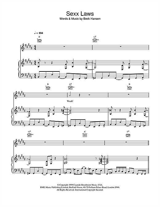 Preview Beck Sexx laws Rock sheet music, notes and chords for Piano, Vocal & Guitar, SKU: 13717 sheet music, piano notes, chords, guitar tabs, score, transpose, transcribe, how to play, guide, download, learn, tutorial, progression, song, artist, awards, billboard, mtv, vh1, tour, single, album, release