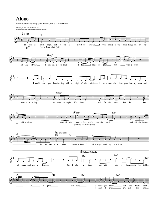 Download Bee Gees Alone sheet music and printable PDF score & Pop music notes