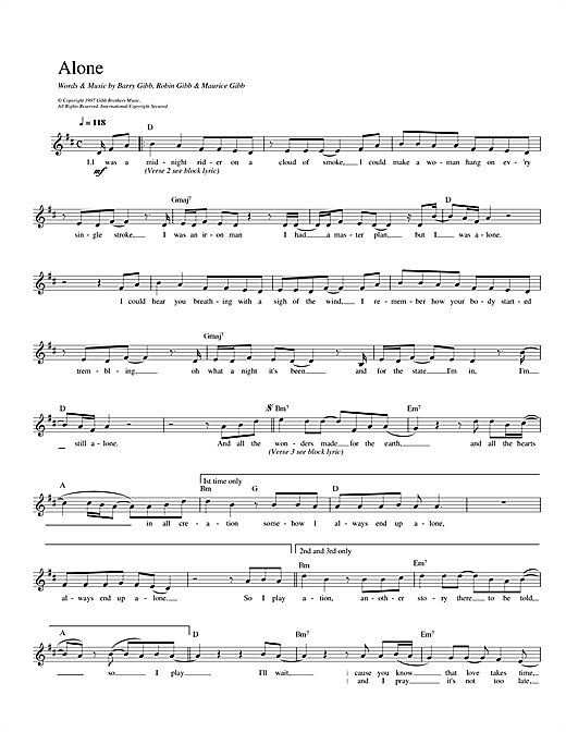 Preview Bee Gees Alone Pop sheet music, notes and chords for Piano, Vocal & Guitar (Right-Hand Melody), SKU: 18064 sheet music, piano notes, chords, guitar tabs, score, transpose, transcribe, how to play, guide, download, learn, tutorial, progression, song, artist, awards, billboard, mtv, vh1, tour, single, album, release