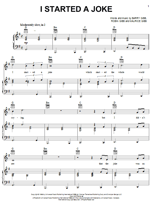 Preview Bee Gees I Started A Joke Pop sheet music, notes and chords for Easy Piano, SKU: 70138 Download Bee Gees I Started A Joke sheet music and printable PDF score & Pop music notes