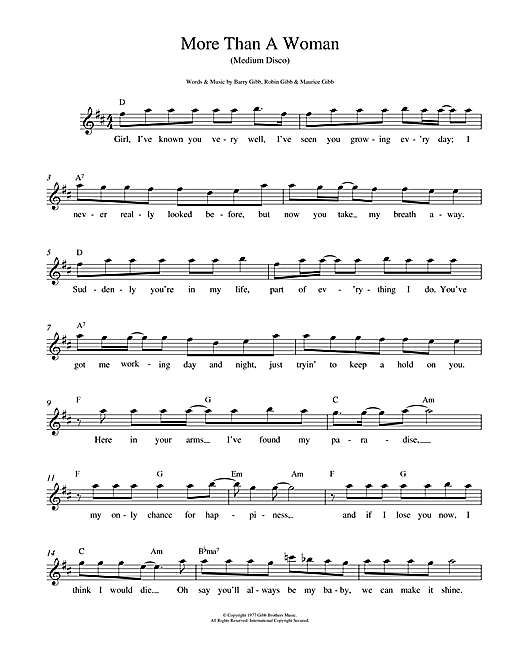 Preview Bee Gees More Than A Woman Disco sheet music, notes and chords for Melody Line, Lyrics & Chords, SKU: 14711 Download Bee Gees More Than A Woman sheet music and printable PDF score & Disco music notes