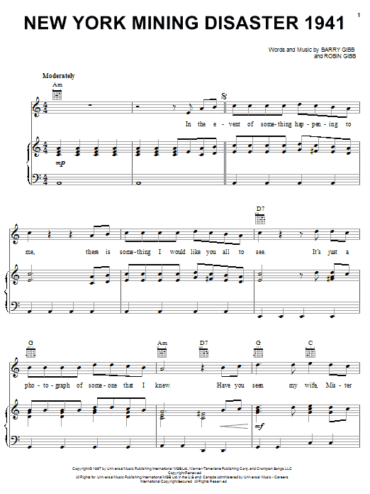 Preview Bee Gees New York Mining Disaster 1941 Pop sheet music, notes and chords for Piano, Vocal & Guitar (Right-Hand Melody), SKU: 18084 sheet music, piano notes, chords, guitar tabs, score, transpose, transcribe, how to play, guide, download, learn, tutorial, progression, song, artist, awards, billboard, mtv, vh1, tour, single, album, release