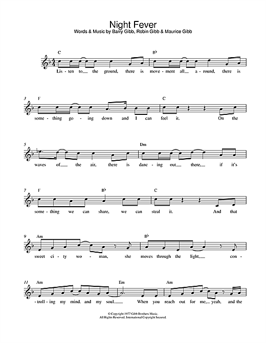 Download Bee Gees Night Fever sheet music and printable PDF score & Pop music notes
