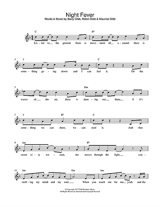 Preview Bee Gees Night Fever Pop sheet music, notes and chords for Piano, Vocal & Guitar (Right-Hand Melody), SKU: 18108 sheet music, piano notes, chords, guitar tabs, score, transpose, transcribe, how to play, guide, download, learn, tutorial, progression, song, artist, awards, billboard, mtv, vh1, tour, single, album, release