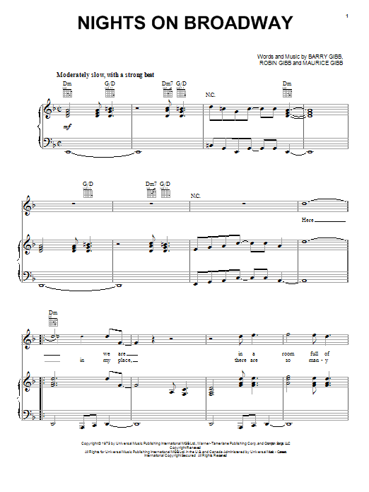 Preview Bee Gees Nights On Broadway Pop sheet music, notes and chords for Piano, Vocal & Guitar (Right-Hand Melody), SKU: 18085 Download Bee Gees Nights On Broadway sheet music and printable PDF score & Pop music notes
